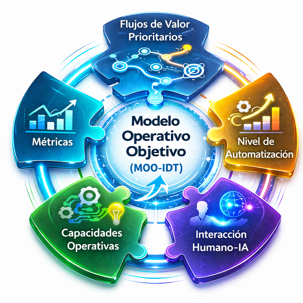 Diagrama del Modelo Operativo Objetivo (MOO-IDT): cinco piezas de rompecabezas alrededor del centro: Flujos de Valor Prioritarios, Nivel de Automatización, Interacción Humano-IA, Capacidades Operativas y Métricas.